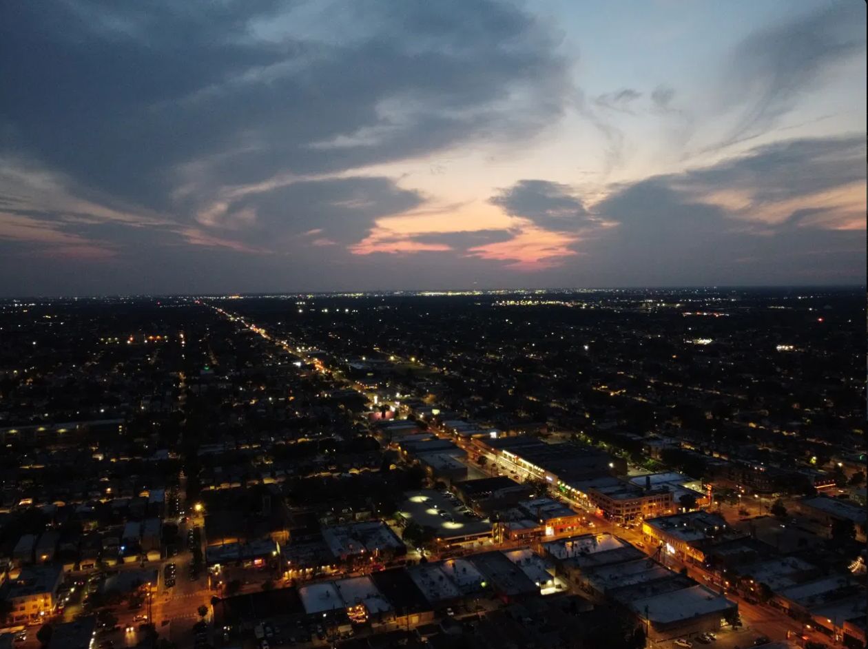 Aerial cityscape at dusk